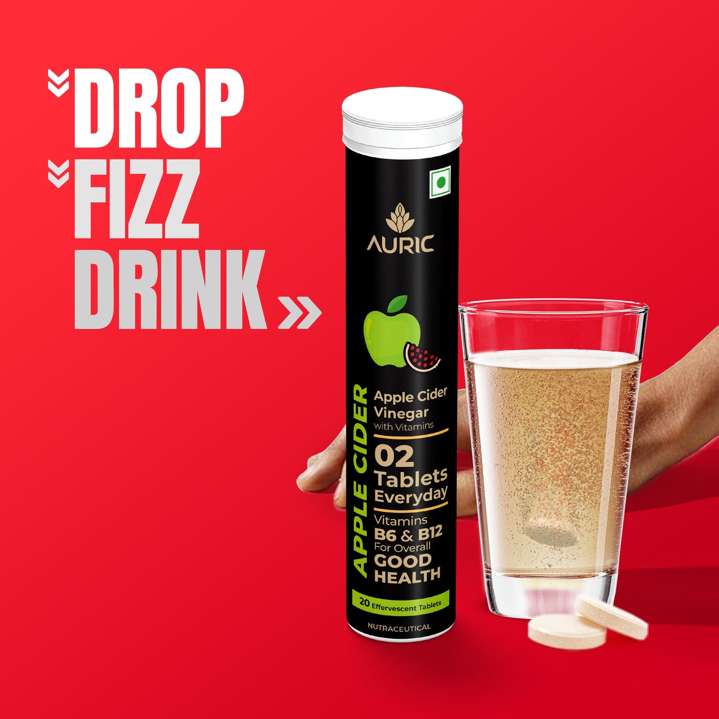 Apple Cider Vinegar Effervescent Tablets with Vitamins - Drop Fizz & Drink - auric