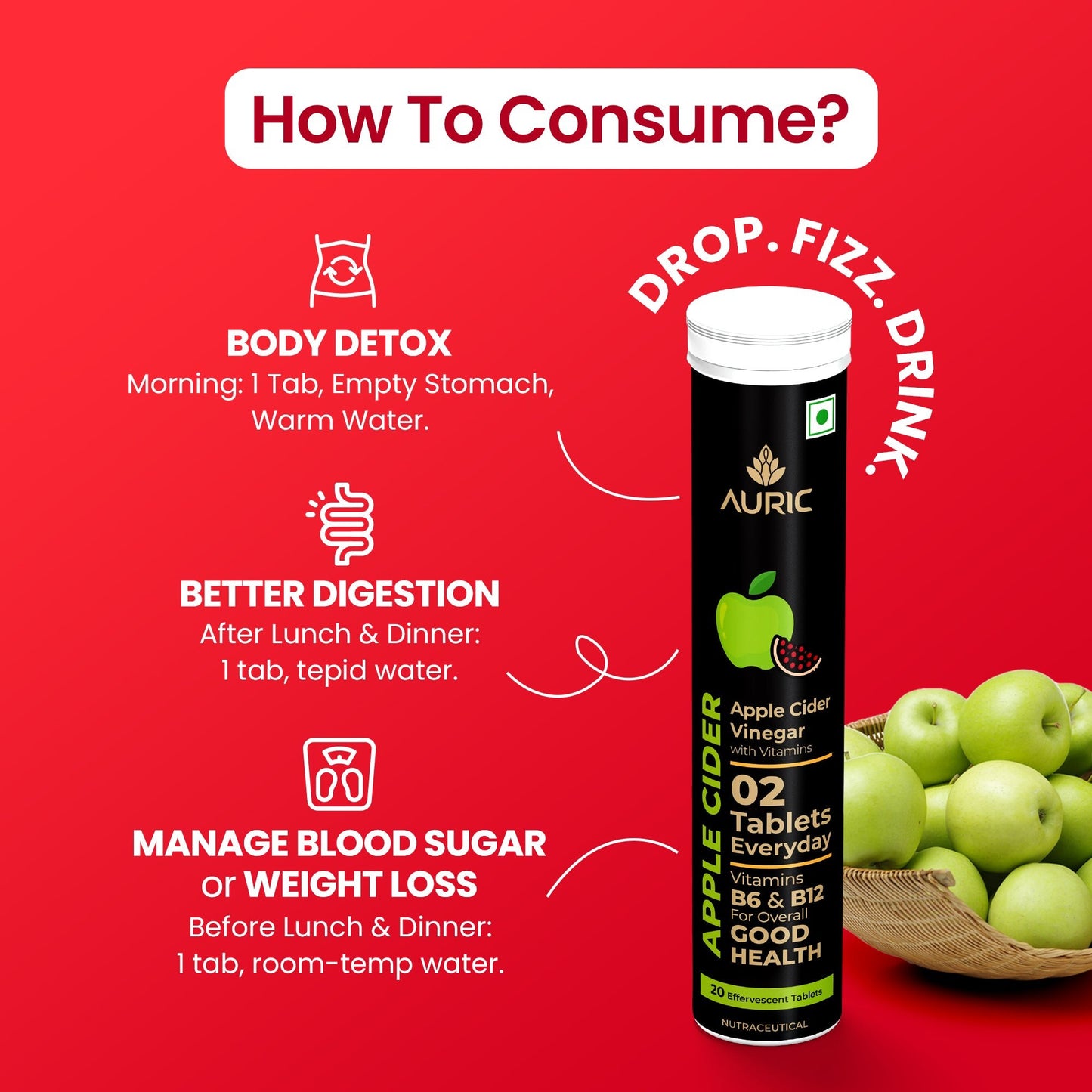Apple Cider Vinegar Effervescent Tablets with Vitamins - Drop Fizz & Drink - auric