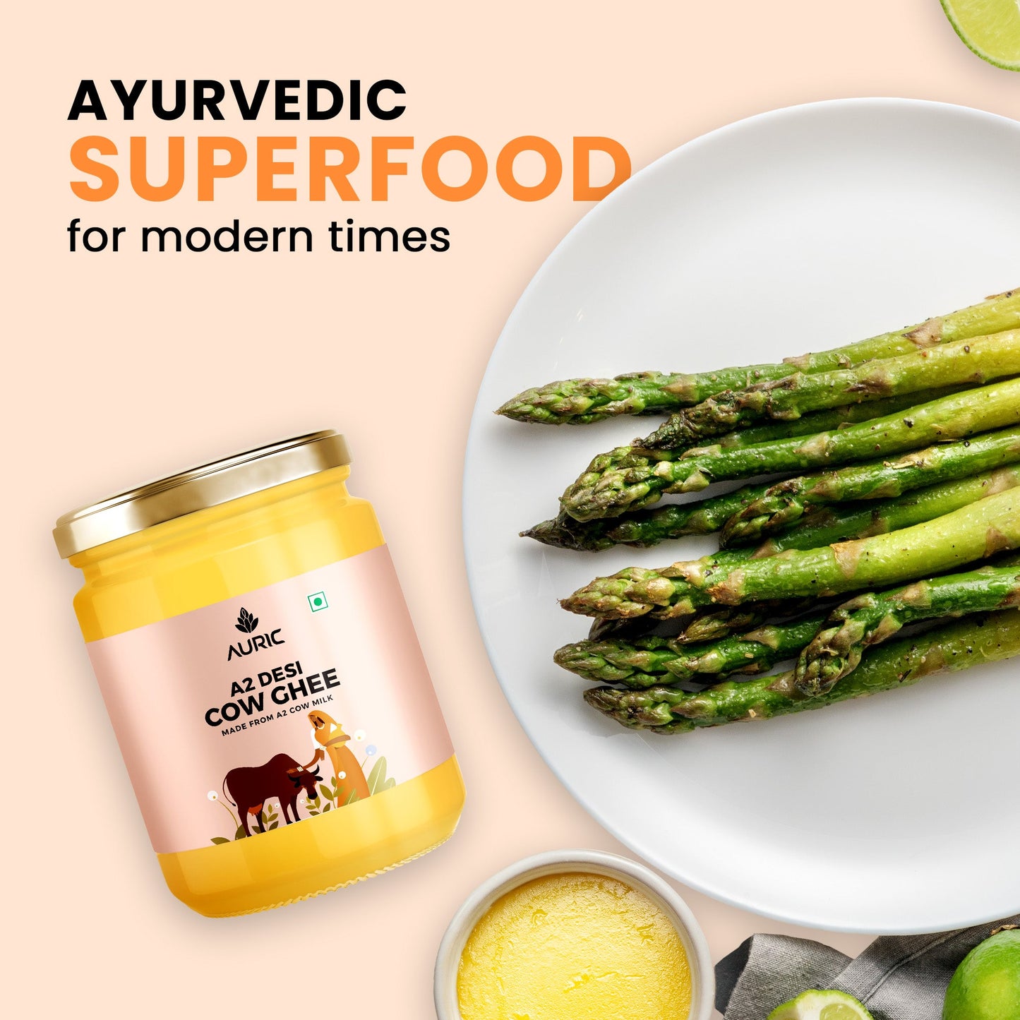 Auric A2 Ghee : Grass - Fed Ghee, Keto, Pasture Raised, Lactose and Casein Free, Certified Paleo - from the land of Lord Krishna - auric