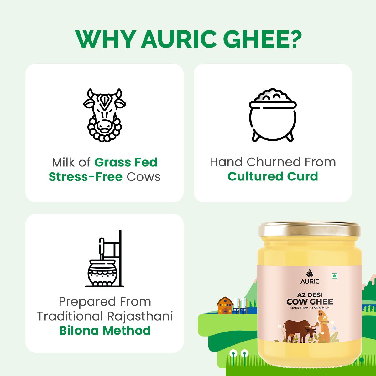 Auric A2 Ghee : Grass - Fed Ghee, Keto, Pasture Raised, Lactose and Casein Free, Certified Paleo - from the land of Lord Krishna - auric