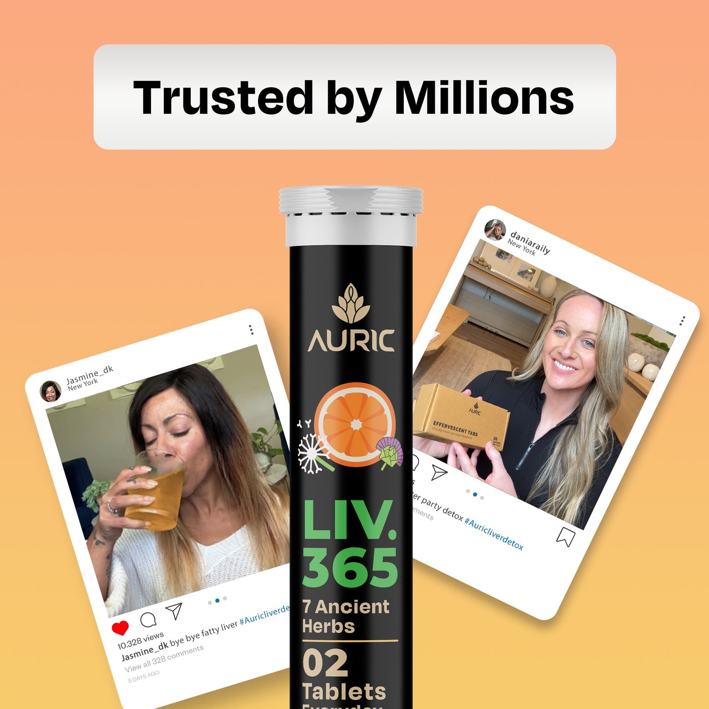 Liv 365 product with lifestyle photos and text ‘Trusted by Millions’ – natural liver detox supplement.