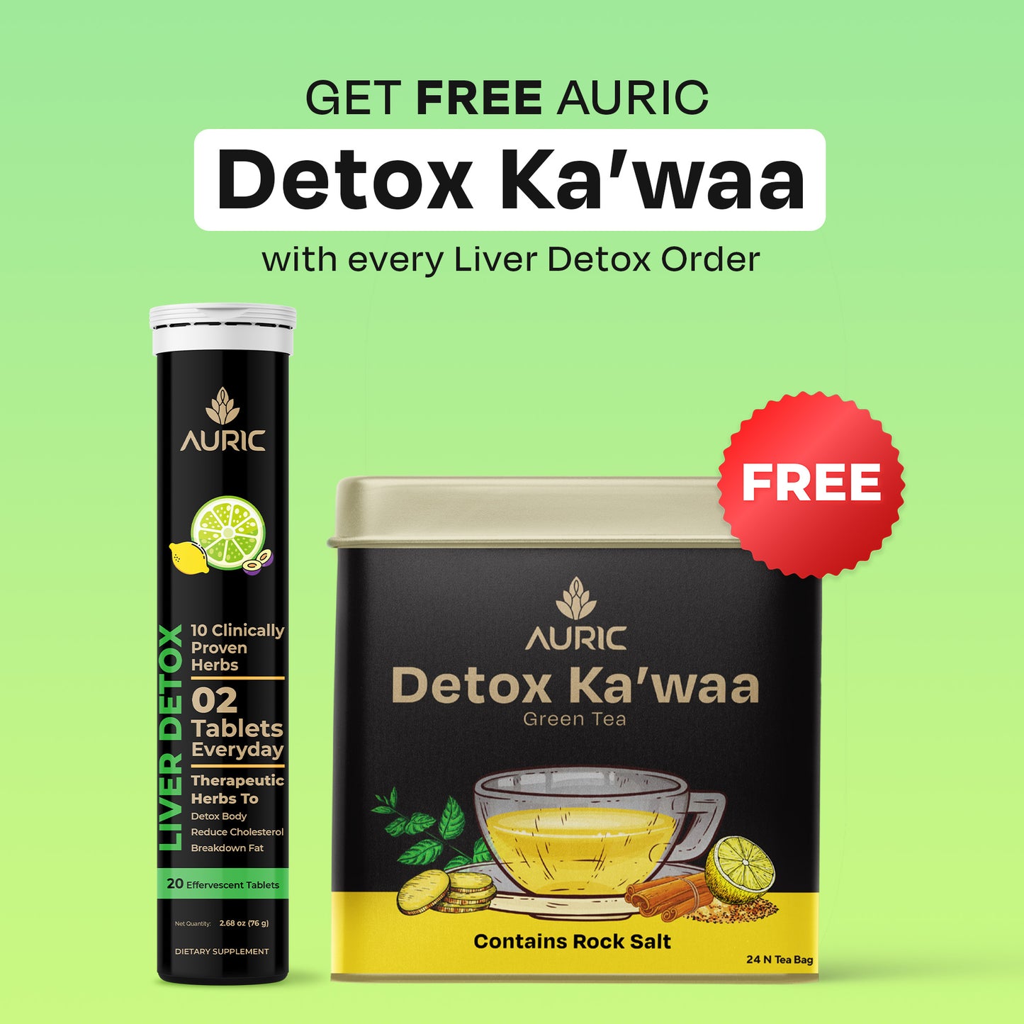 Liver Detox Effervescent Tablet and Detox Ka'waa Green Tea | Detoxify, Lower Cholesterol, Fight Fatty Liver