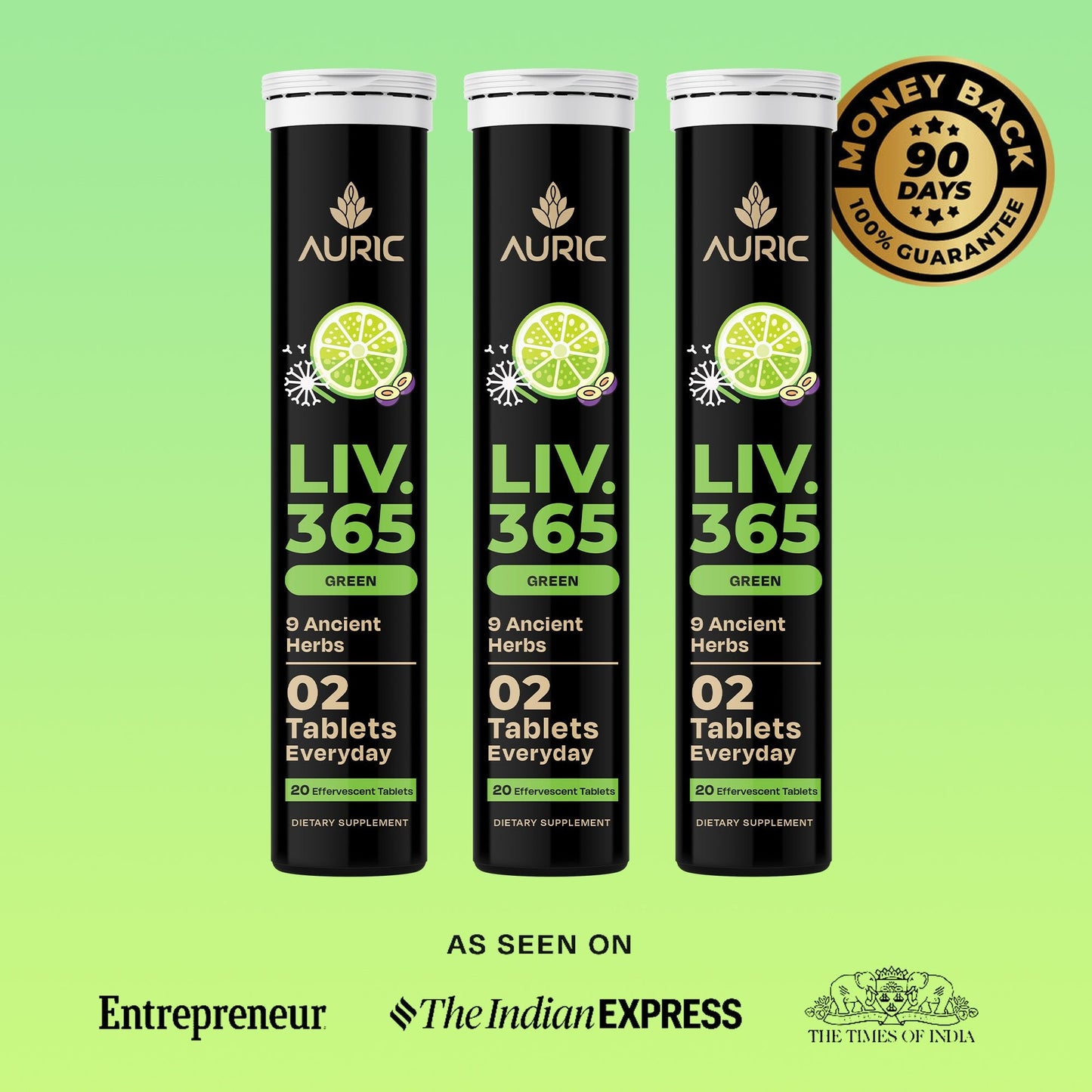 Liv 365 Green Effervescent Tablet | Supports overall wellbeing and normal body functions | Made with premium herbal extracts | Drop - Fizz - Drink - auric