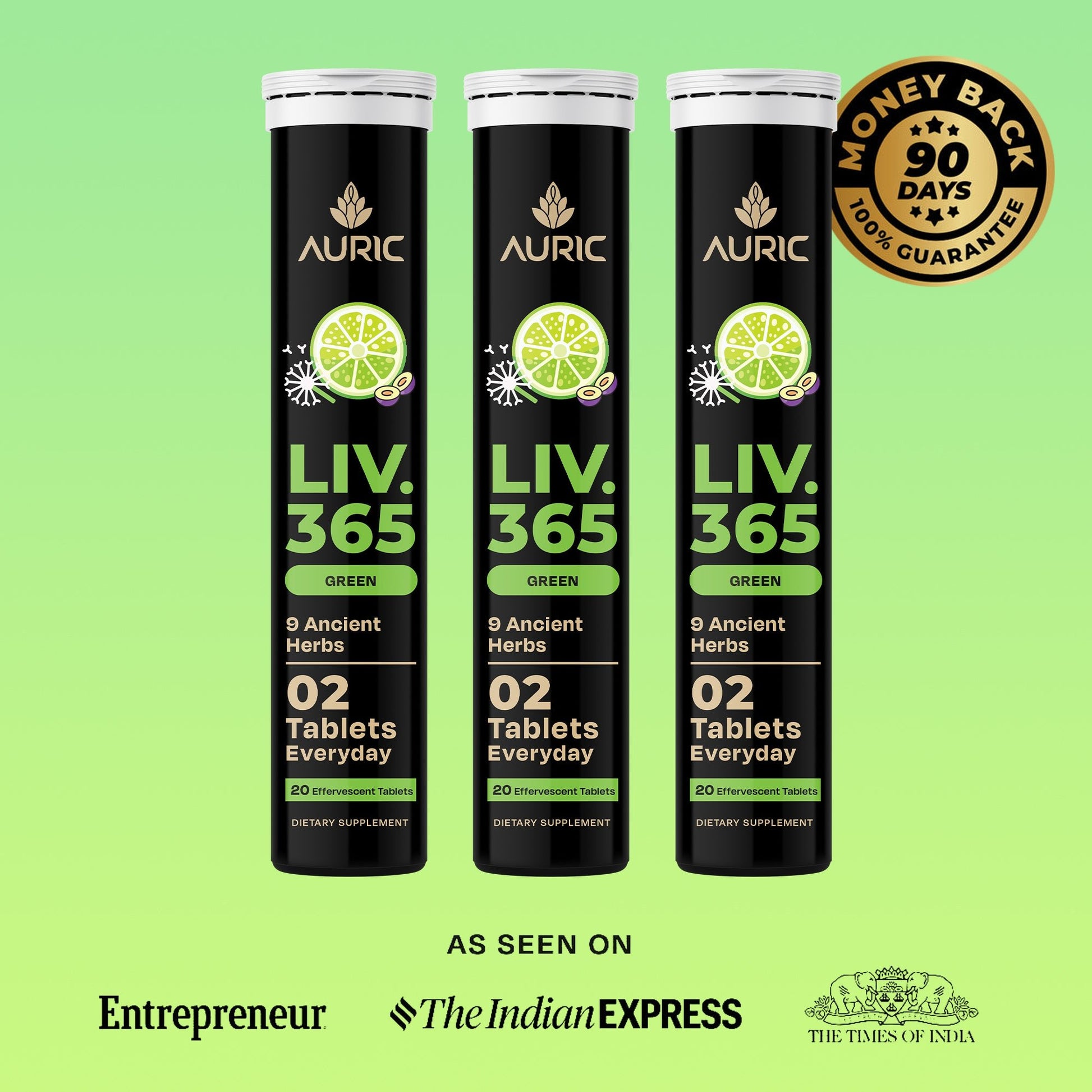 Liv 365 Green Effervescent Tablet | Supports overall wellbeing and normal body functions | Made with premium herbal extracts | Drop - Fizz - Drink - auric