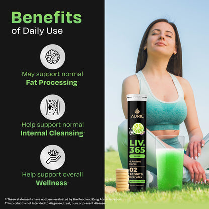 Liv 365 Green Effervescent Tablet | Supports overall wellbeing and normal body functions | Made with premium herbal extracts | Drop - Fizz - Drink - auric