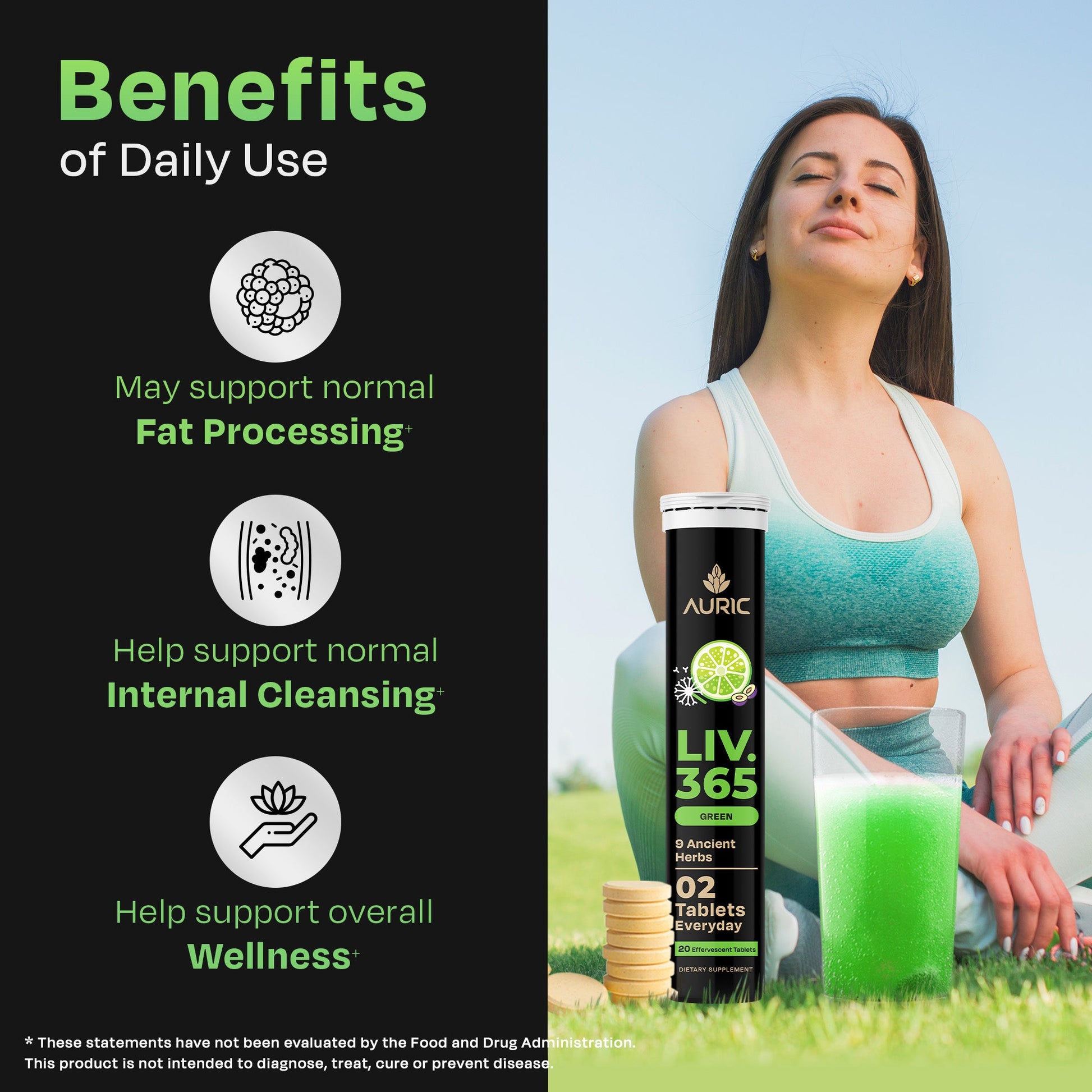 Liv 365 Green Effervescent Tablet | Supports overall wellbeing and normal body functions | Made with premium herbal extracts | Drop - Fizz - Drink - auric
