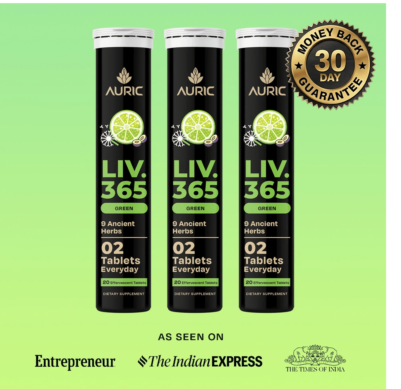 Liv 365 Green Effervescent Tablet | Supports overall wellbeing and normal body functions | Made with premium herbal extracts | Drop - Fizz - Drink - auric